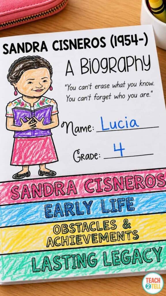 Completed Sandra Cisneros biography flipbook for students